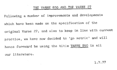 Varne 27 / 850 Metric Change